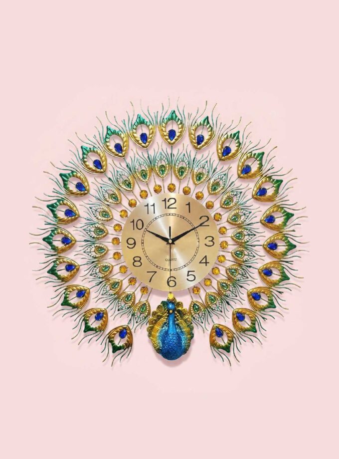 Peacock European Style Luxury Wall Clock | 3D Diamond Crystal Metal Design | Silent Non-Ticking Quartz | Large Decorative Art Clock