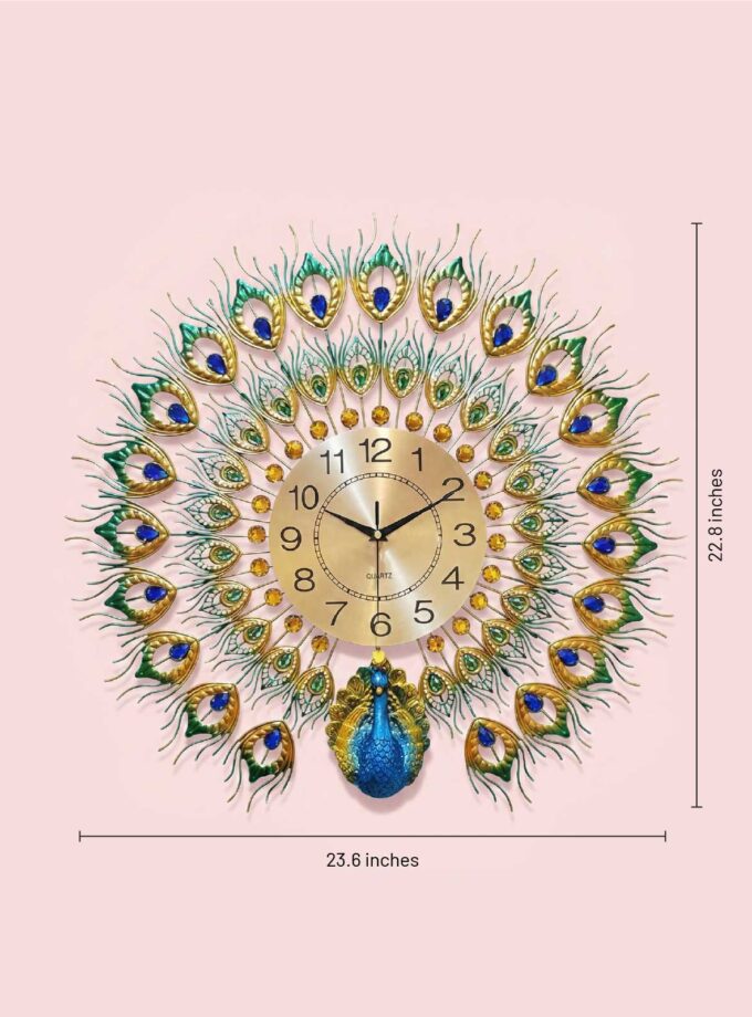Peacock European Style Luxury Wall Clock | 3D Diamond Crystal Metal Design | Silent Non-Ticking Quartz | Large Decorative Art Clock
