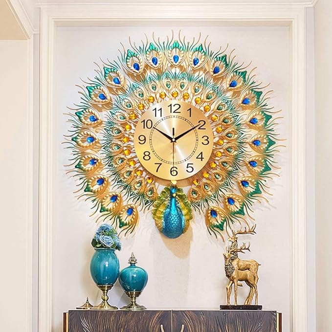 Peacock European Style Luxury Wall Clock | 3D Diamond Crystal Metal Design | Silent Non-Ticking Quartz | Large Decorative Art Clock